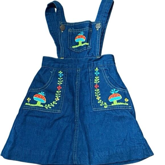 Rare Vintage 4T Girls 90s Cotton Denim Mushroom Embroidered Jumper Overall Dress - Picture 9 of 12